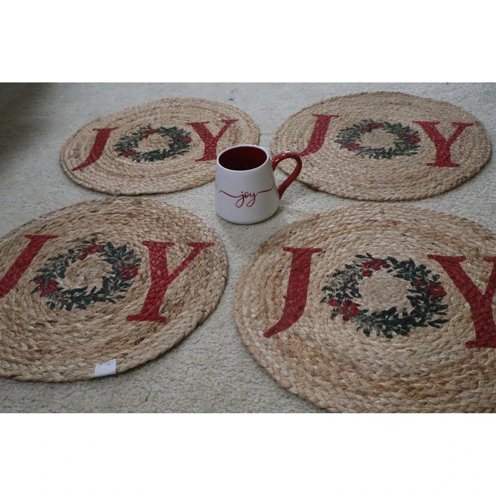 Christmas Holiday Farmhouse Joy Jute Placemats & Mug Set Red White Rustic Decor